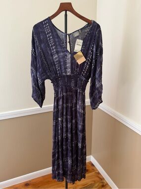 Boho Smocked-Waist Midi Dress in Navy